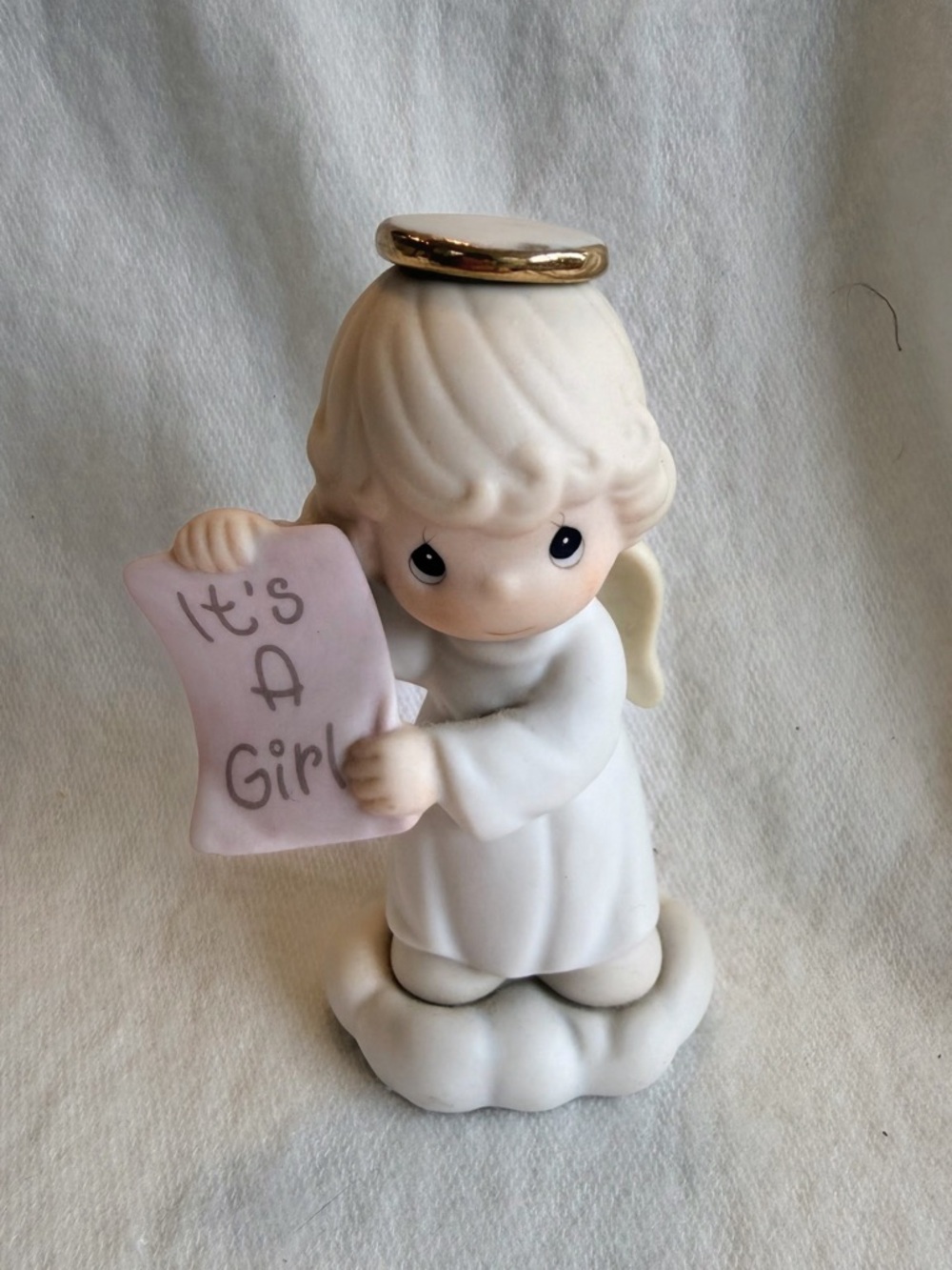 Precious Moments White Angel Figurine with Pink Banner and Gold Halo